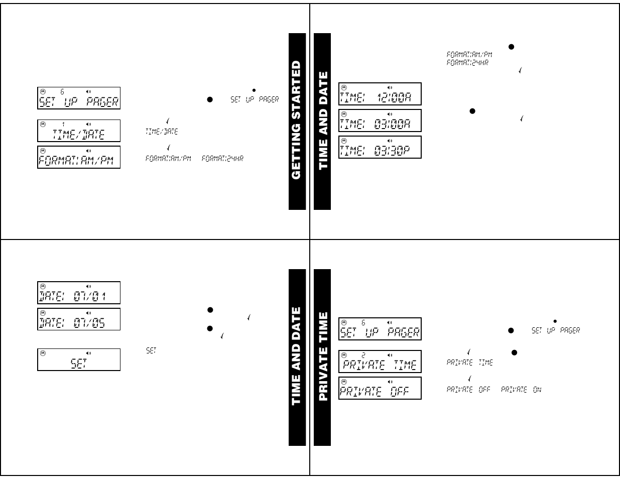 Setting the time and date, To turn private time on, Getting star ted | Time and date, Set up pager, Time/date, Format, Am/pm, Time! 12!00a, Time! 03!00a | Motorola LS550 User Manual | Page 3 / 12