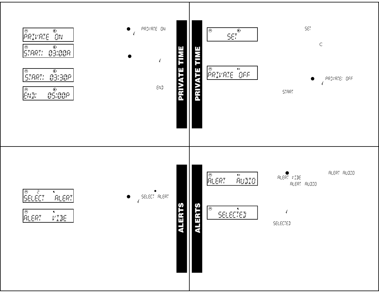 Private time, To turn private time off, Alerts | Selecting the incoming message alert, Aler ts, Private on, Start! 03!00a, Start! 03!30p, End! 05!00p, Private off | Motorola LS550 User Manual | Page 4 / 12