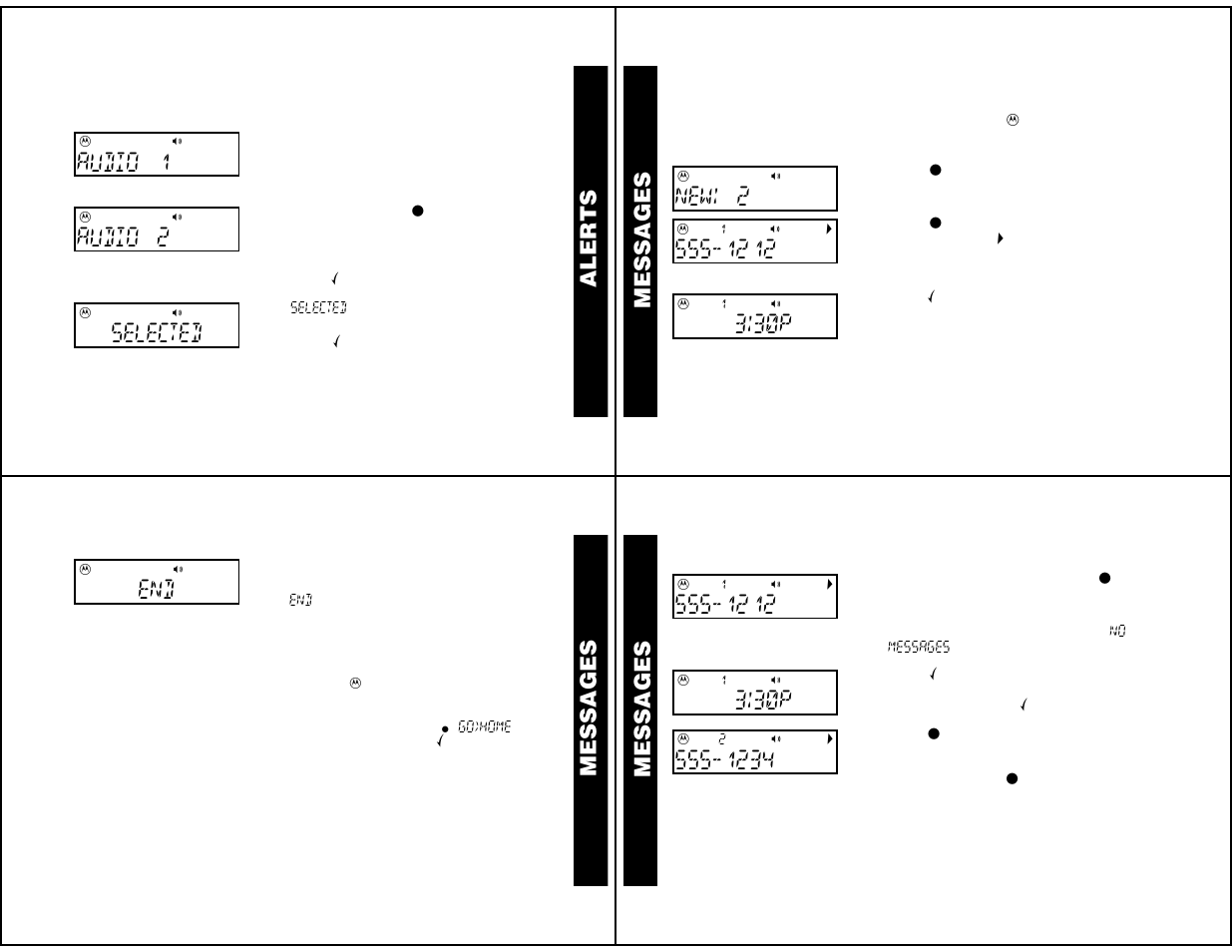 Alert audio, Messages, Reading new messages | Reading stored messages, Aler ts, Audio 1, Audio 2, Selected, New! 2, 3!30p | Motorola LS550 User Manual | Page 5 / 12