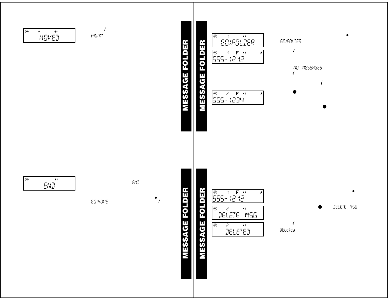 Reading messages in the folder, Deleting messages from the folder, Alarm | Message folder, Moved, Go)folder, Delete msg deleted | Motorola LS550 User Manual | Page 7 / 12