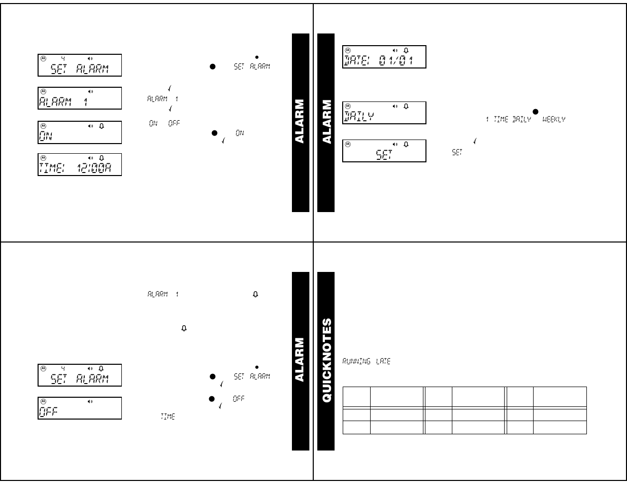 Setting the alarm, Turning off a daily or weekly alarm, Optional features | Alar m, Set alarm, Alarm 1, Time! 12!00a, Date! 01/01, Daily | Motorola LS550 User Manual | Page 8 / 12