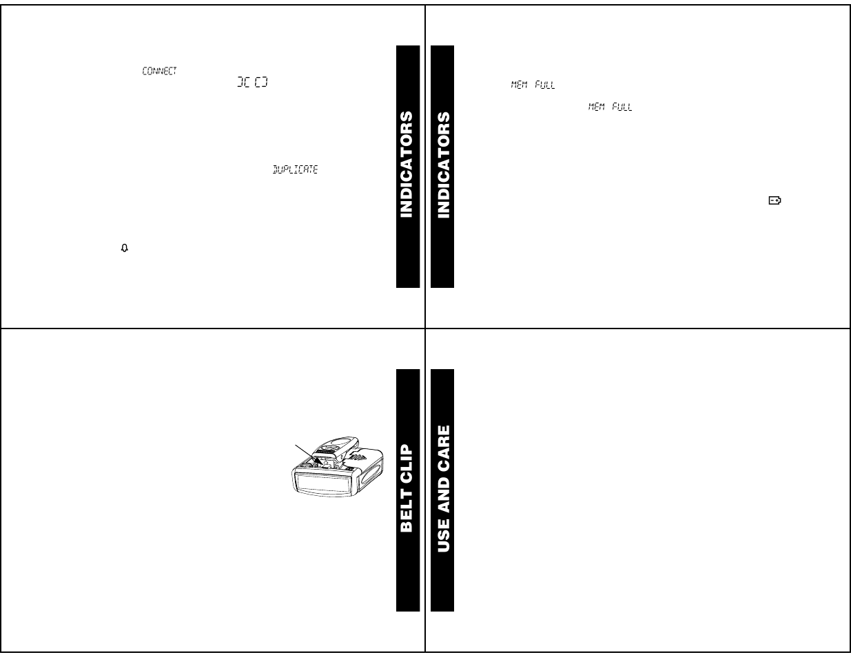 Connect function, Duplicate message, Errored data | Alarm, Memory full, Low battery, Belt clip, Removing the belt clip, Replacing the belt clip, Use and care | Motorola LS550 User Manual | Page 9 / 12