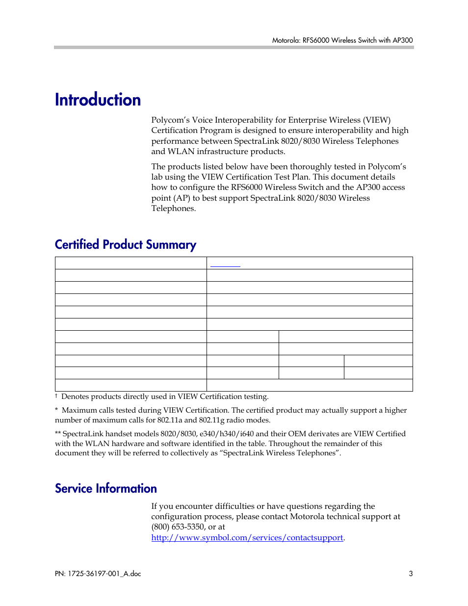 Introduction, Certified product summary, Service information | Motorola 1725-36197-001 User Manual | Page 3 / 18