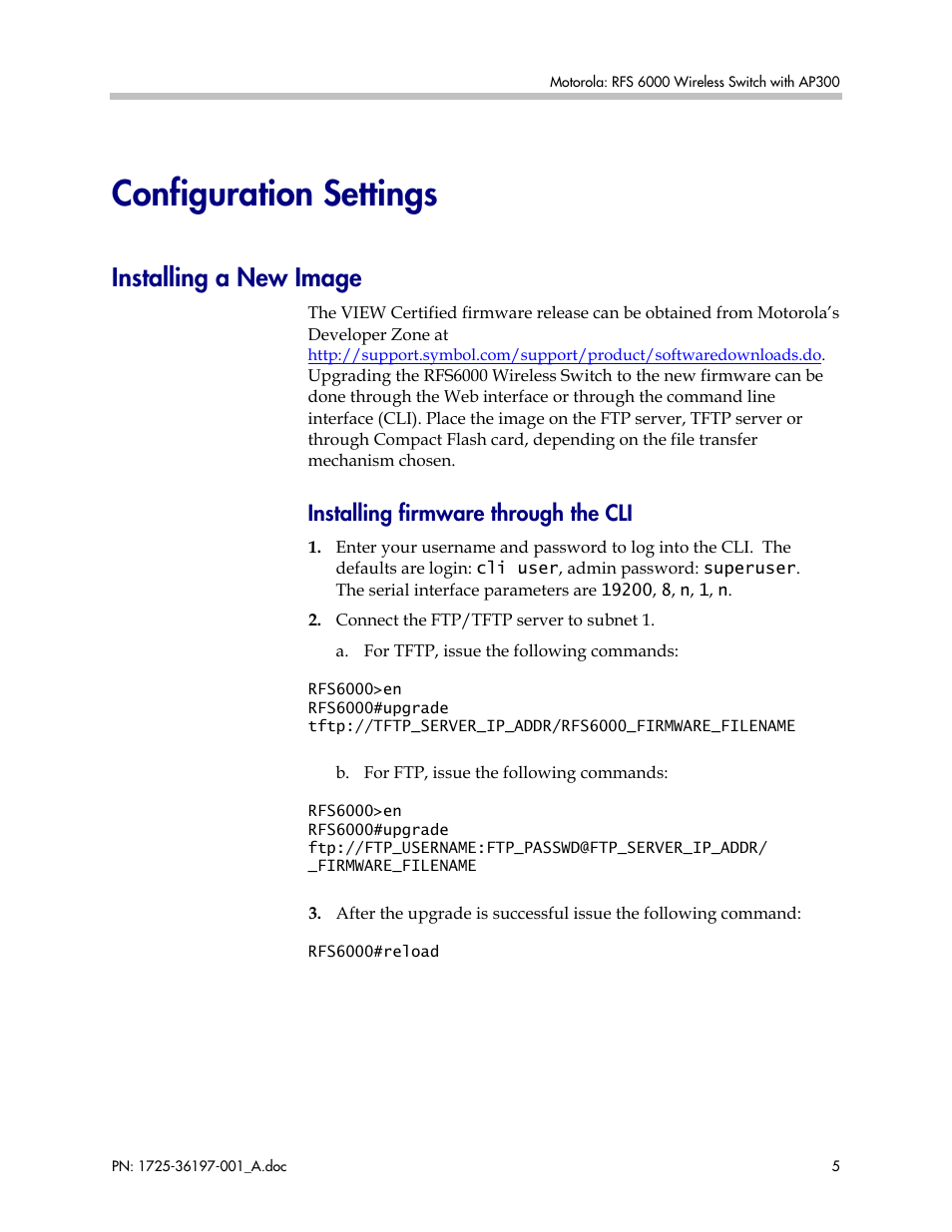 Configuration settings, Installing a new image, Installing firmware through the cli | Motorola 1725-36197-001 User Manual | Page 5 / 18