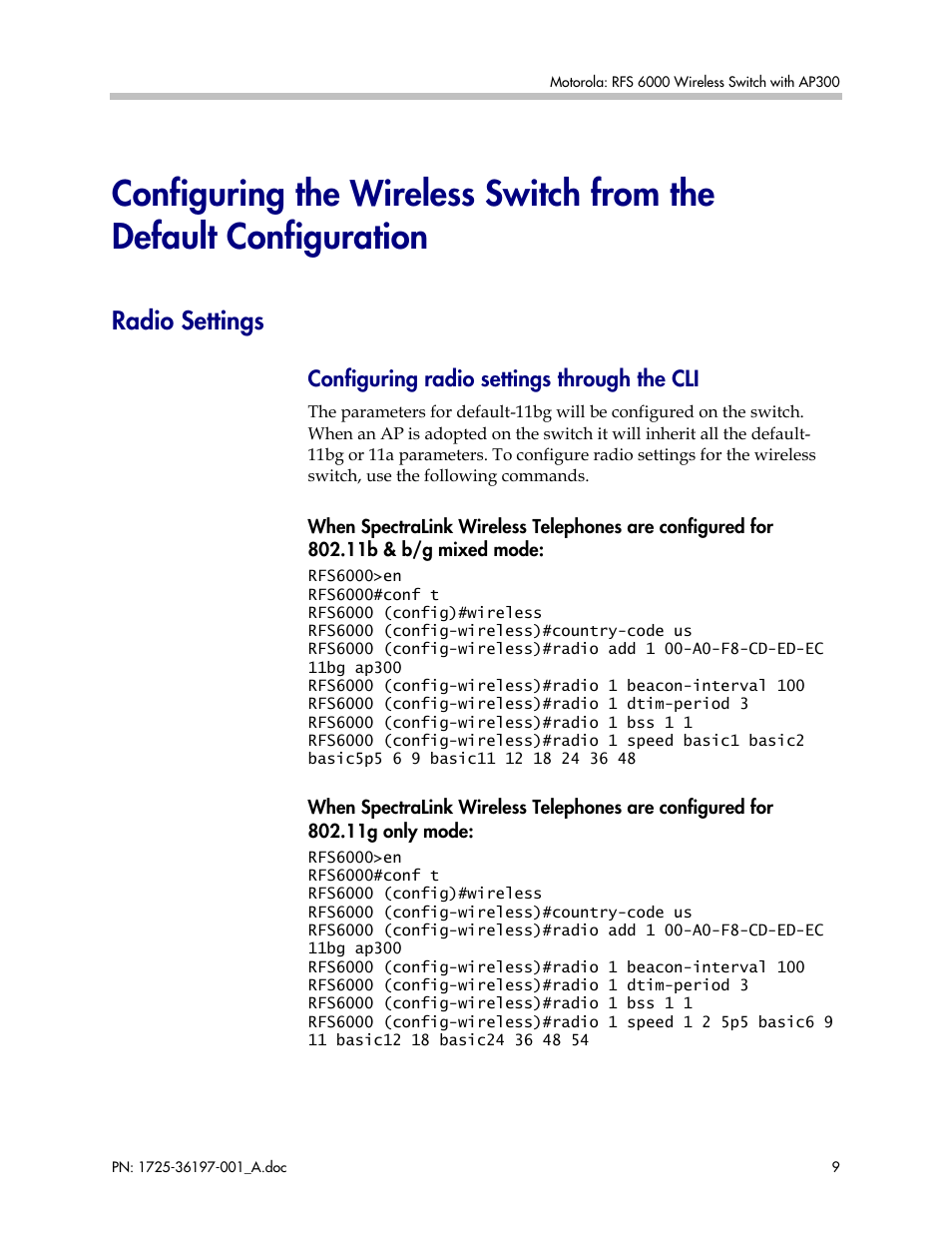 Radio settings, Configuring radio settings through the cli | Motorola 1725-36197-001 User Manual | Page 9 / 18