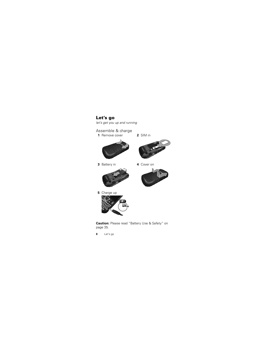 Let’s go, Assemble & charge | Motorola Clutch I475 User Manual | Page 10 / 64