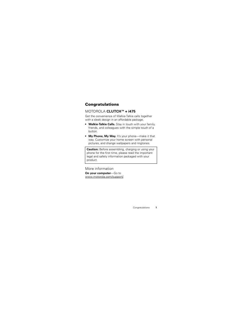 Congratulations | Motorola Clutch I475 User Manual | Page 3 / 64