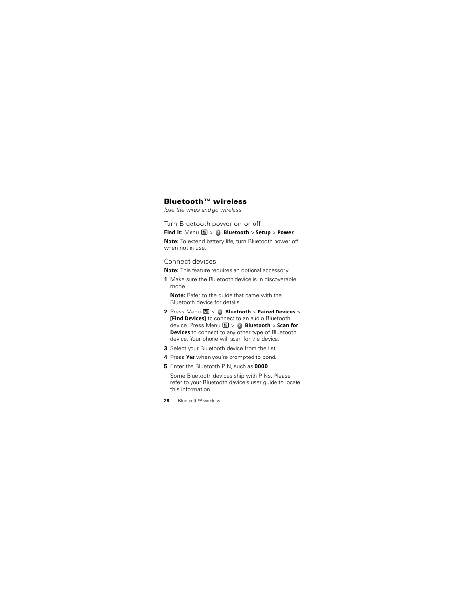 Bluetooth™ wireless, Turn bluetooth power on or off, Connect devices | Motorola Clutch I475 User Manual | Page 30 / 64