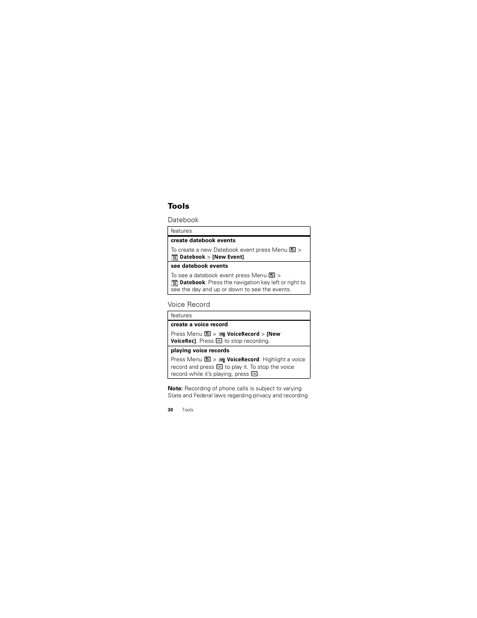 Tools, Datebook, Voice record | Motorola Clutch I475 User Manual | Page 32 / 64