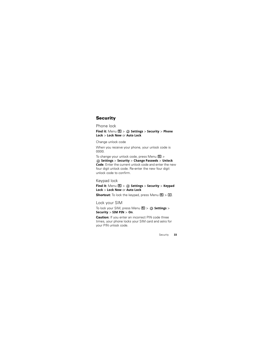 Security, Phone lock, Keypad lock | Lock your sim | Motorola Clutch I475 User Manual | Page 35 / 64