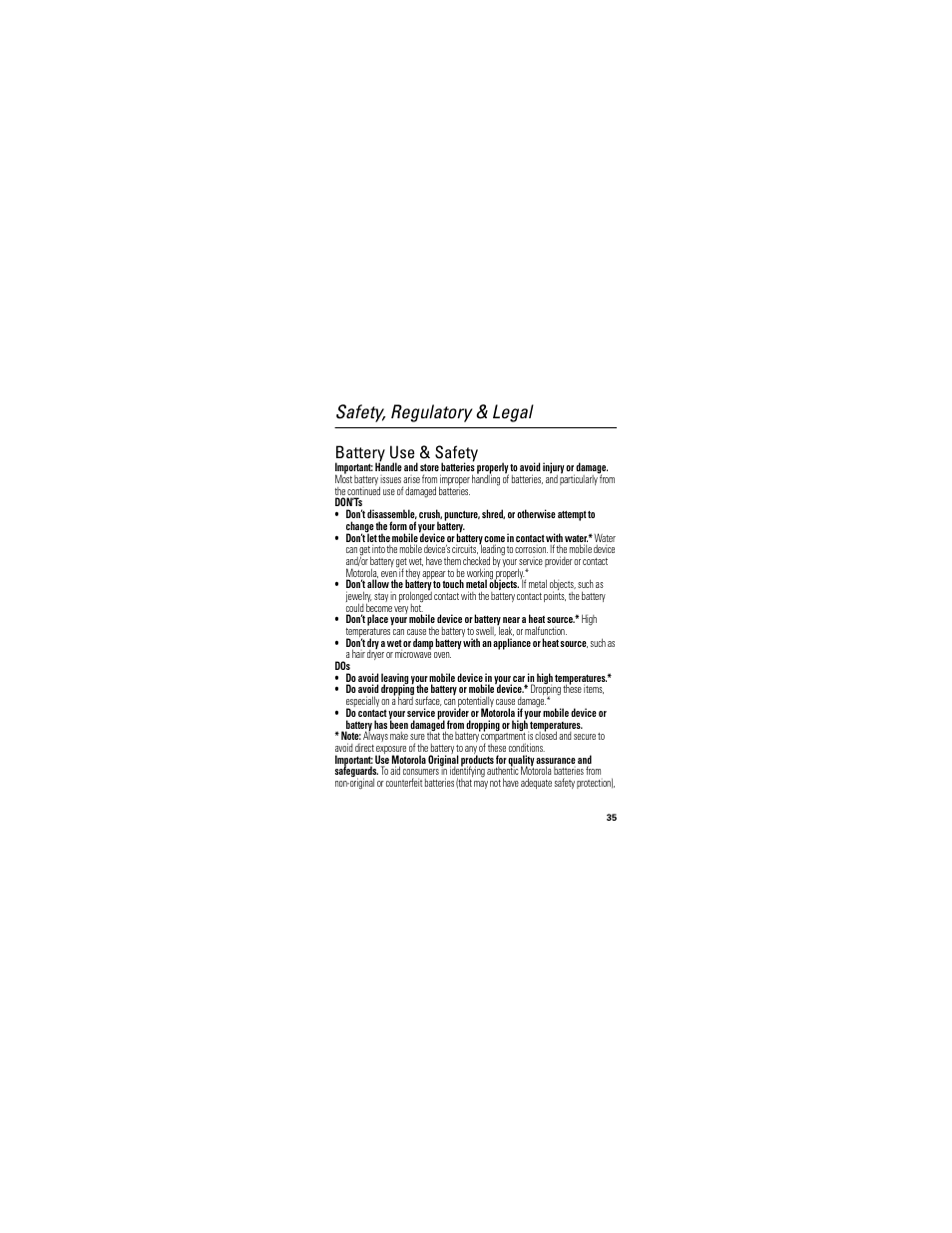 Safety, regulatory & legal, Battery use & safety | Motorola Clutch I475 User Manual | Page 37 / 64