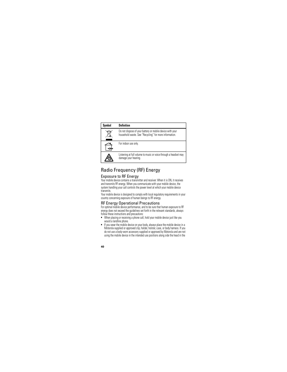 Radio frequency (rf) energy | Motorola Clutch I475 User Manual | Page 42 / 64