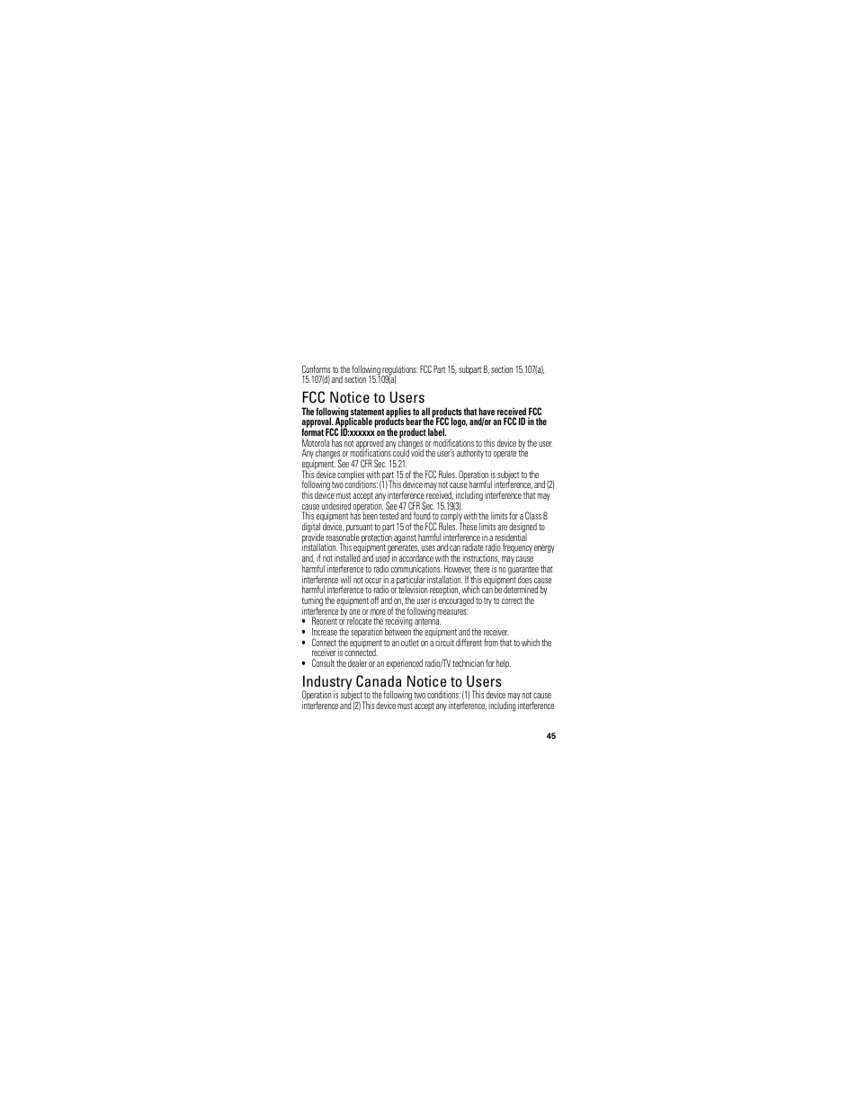 Fcc notice, Industry canada notice, Fcc notice to users | Industry canada notice to users | Motorola Clutch I475 User Manual | Page 47 / 64