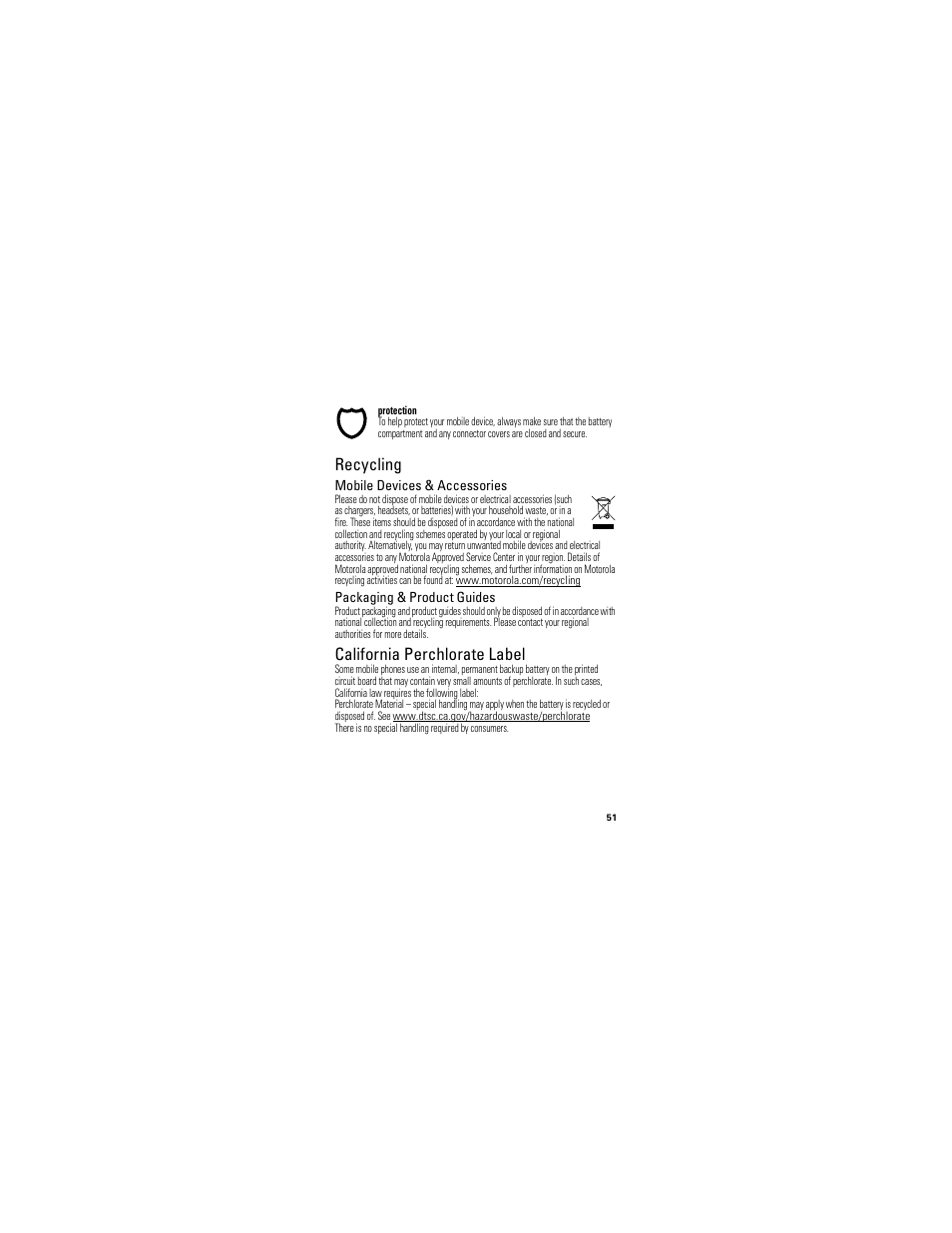 Recycling, Perchlorate label, California perchlorate label | Motorola Clutch I475 User Manual | Page 53 / 64