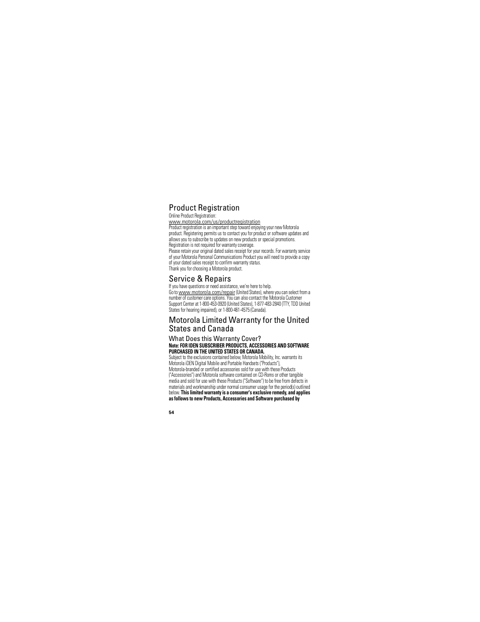 Registration, Warranty, Product registration | Service & repairs | Motorola Clutch I475 User Manual | Page 56 / 64