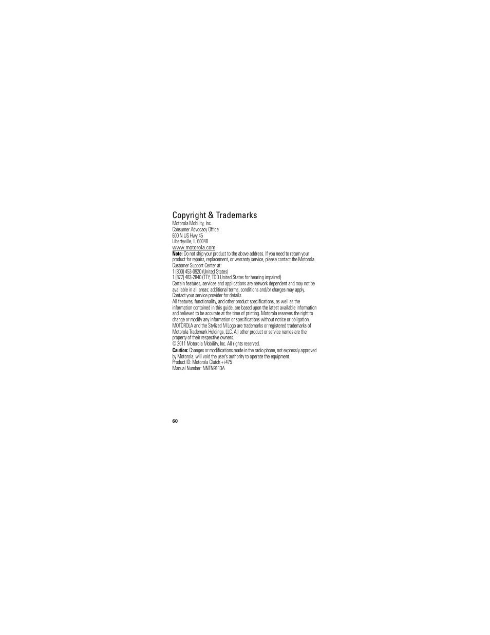 Copyright & trademarks | Motorola Clutch I475 User Manual | Page 62 / 64