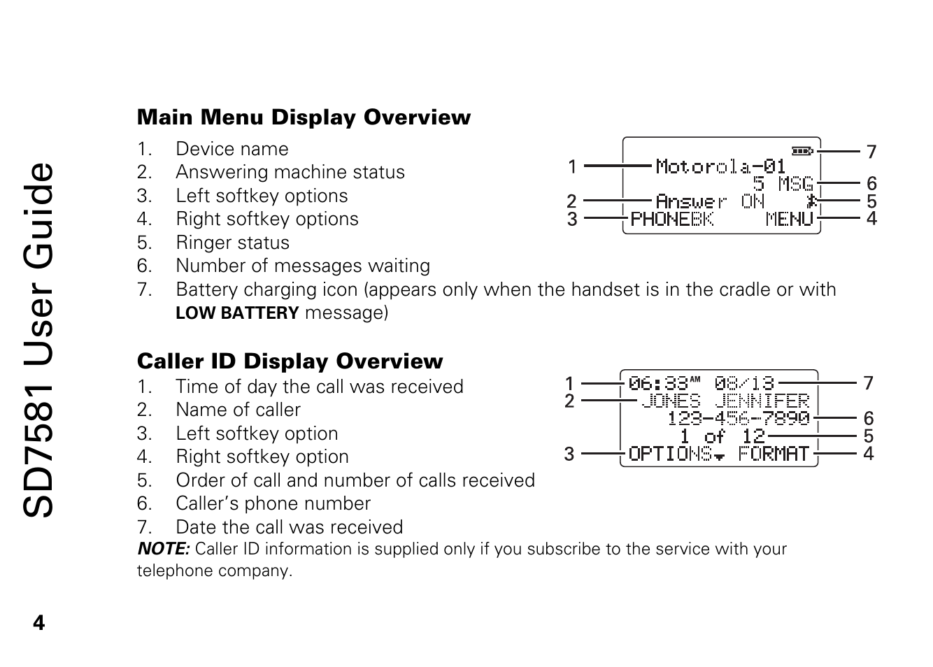 Main menu display overview, Sd7581 user guide | Motorola SD7581 User Manual | Page 17 / 58