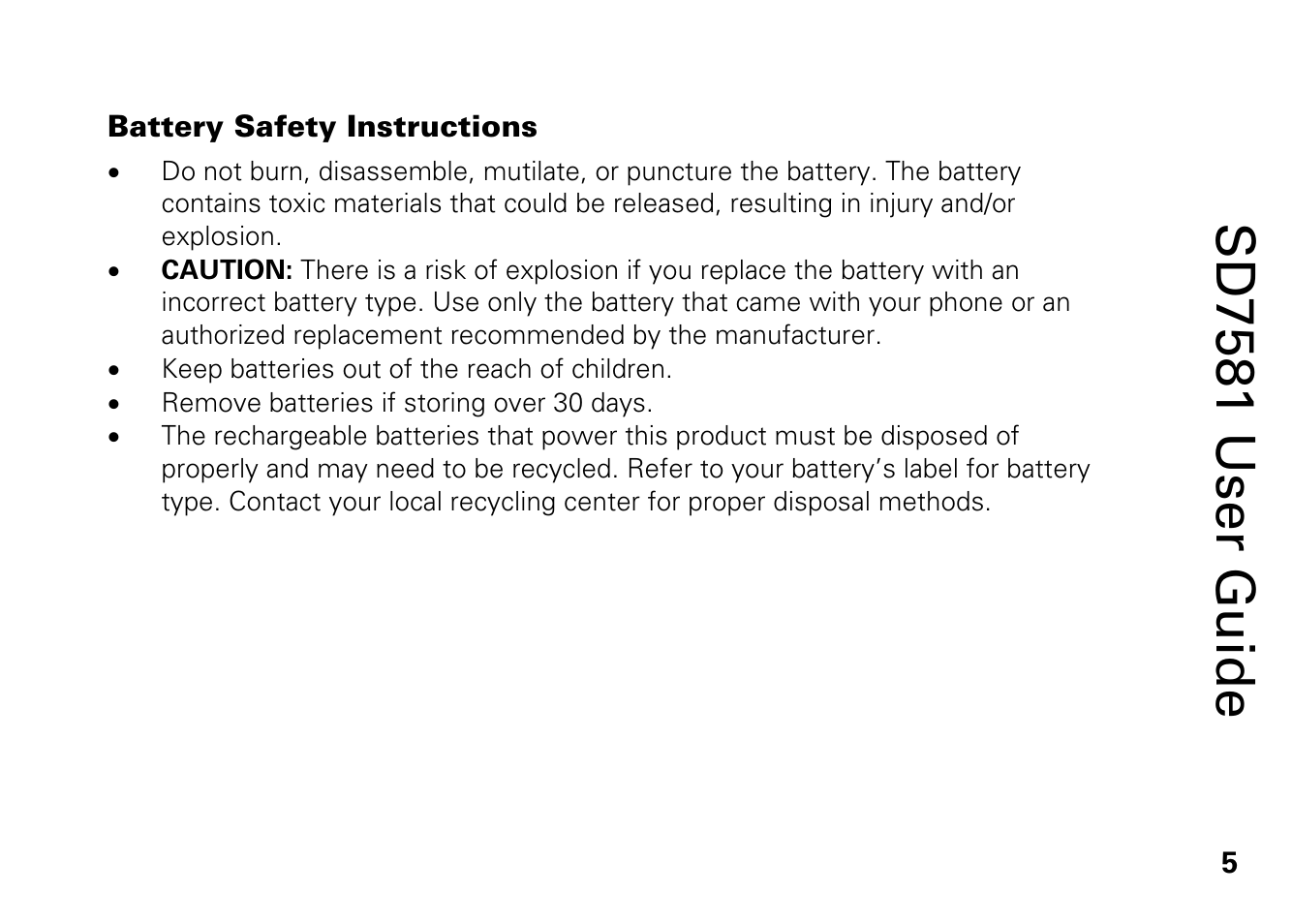 Battery safety instructions, Sd7581 user guide | Motorola SD7581 User Manual | Page 18 / 58