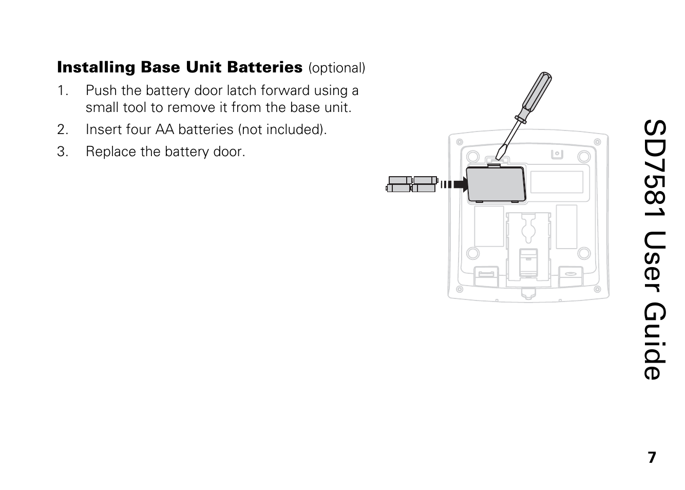 Installing base unit batteries (optional), Sd7581 user guide | Motorola SD7581 User Manual | Page 20 / 58