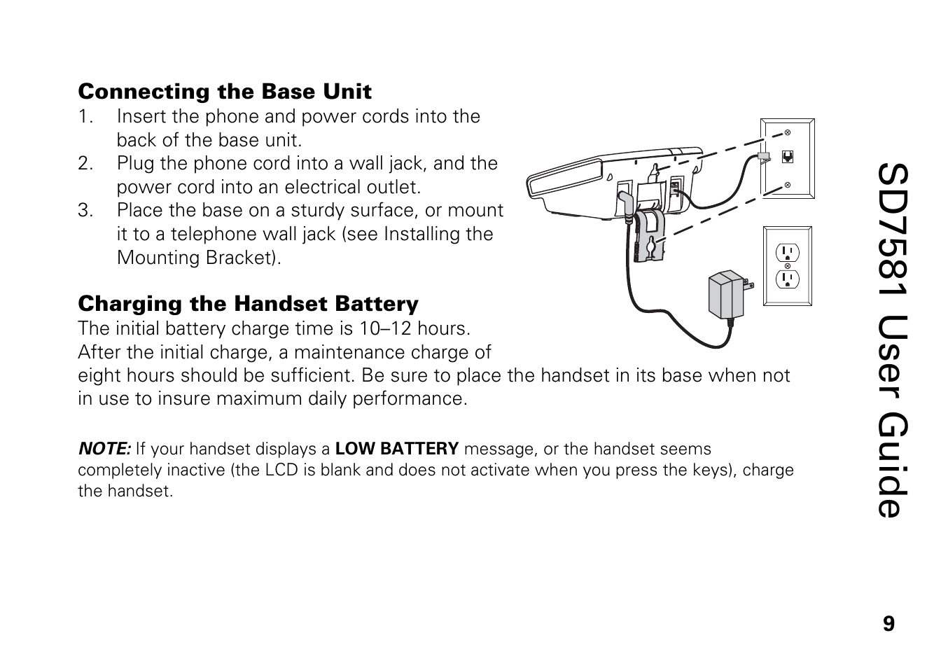 Connecting the base unit, Charging the handset battery, Sd7581 user guide | Motorola SD7581 User Manual | Page 22 / 58