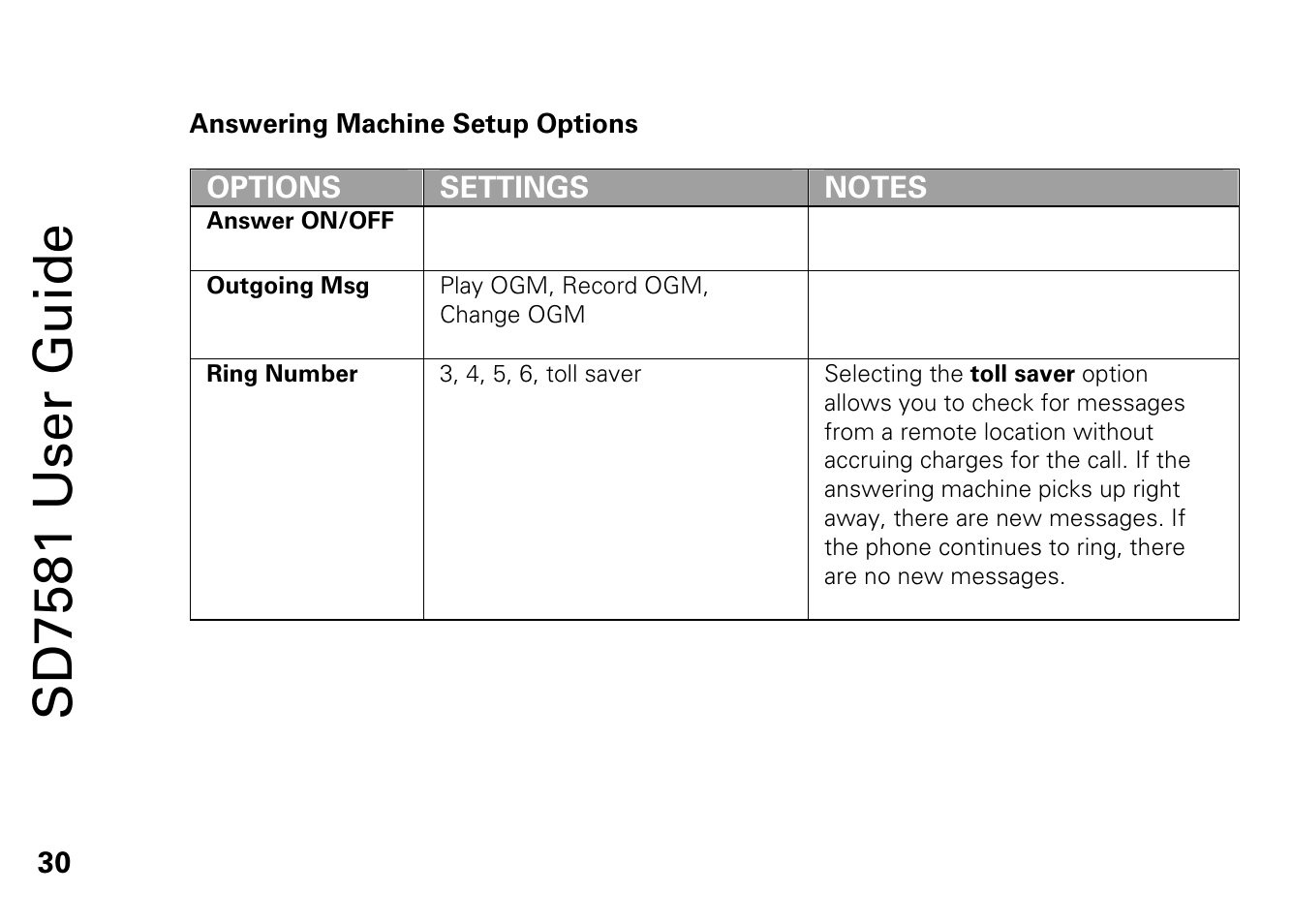 Answering machine setup options, Sd7581 user guide | Motorola SD7581 User Manual | Page 43 / 58