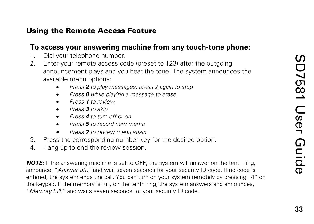 Using the remote access feature, Sd7581 user guide | Motorola SD7581 User Manual | Page 46 / 58