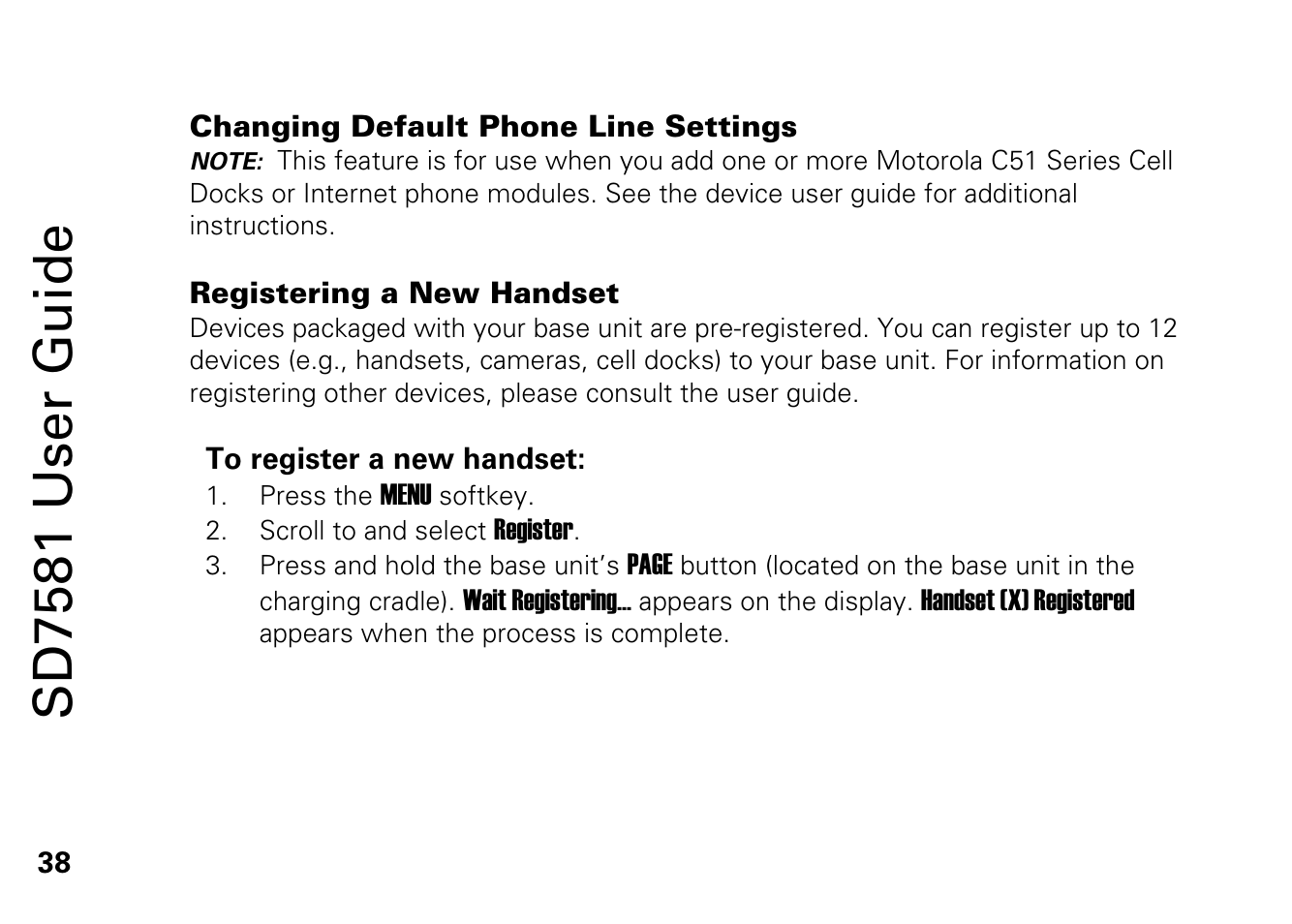 Changing default phone line settings, Registering a new handset, Sd7581 user guide | Motorola SD7581 User Manual | Page 51 / 58