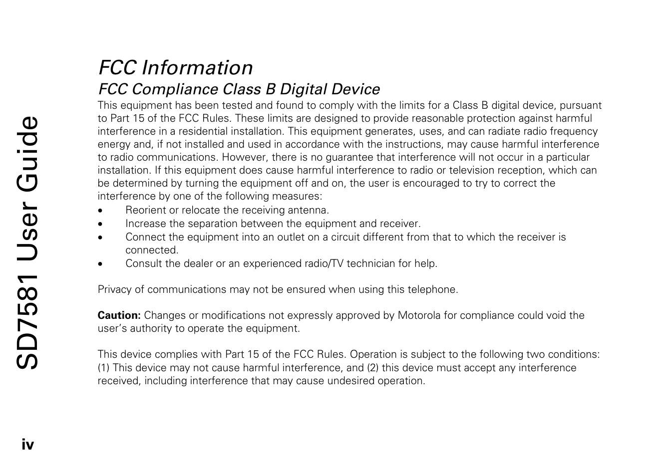 Sd7581 user guide, Fcc information | Motorola SD7581 User Manual | Page 7 / 58