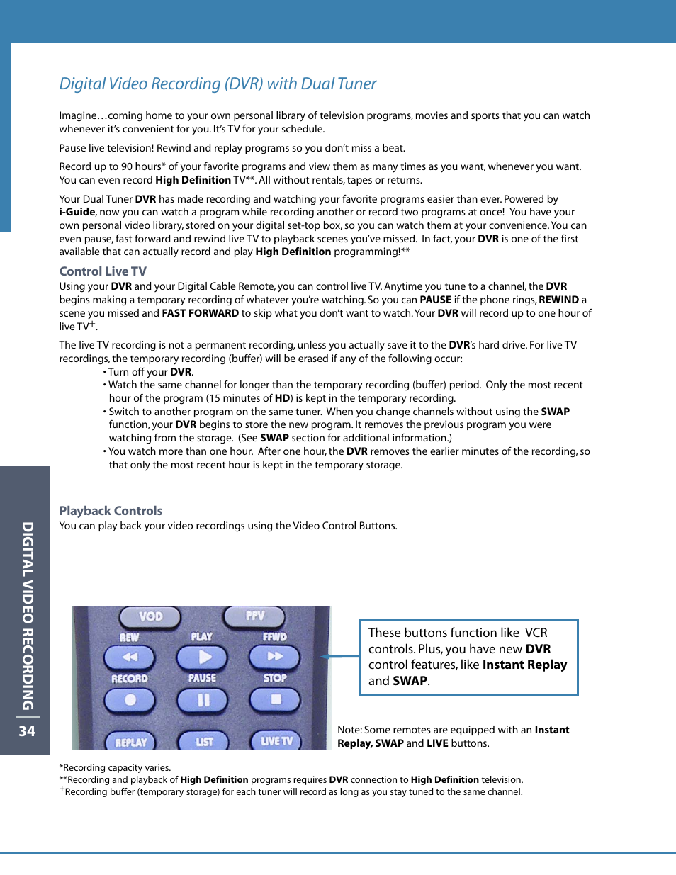 Digital video recording (dvr) with dual tuner, Digit al video rec ording 34 | Motorola DCT6412 User Manual | Page 36 / 50