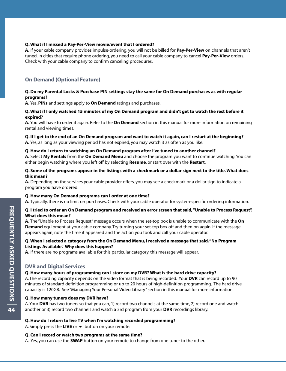 Frequentl y asked questions 44 49 | Motorola DCT6412 User Manual | Page 46 / 50