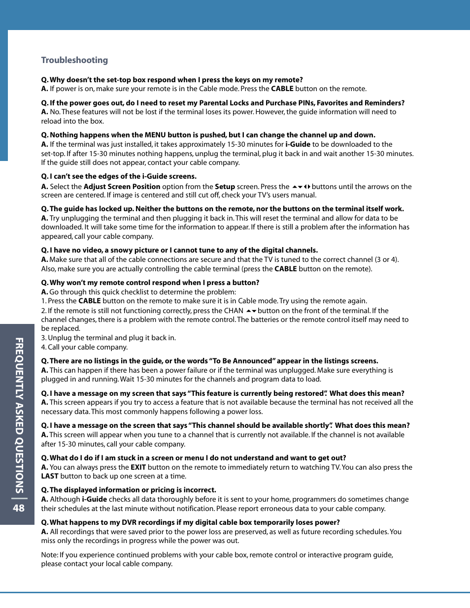 53 frequentl y asked questions 53, Frequentl y asked questions 48 | Motorola DCT6412 User Manual | Page 50 / 50