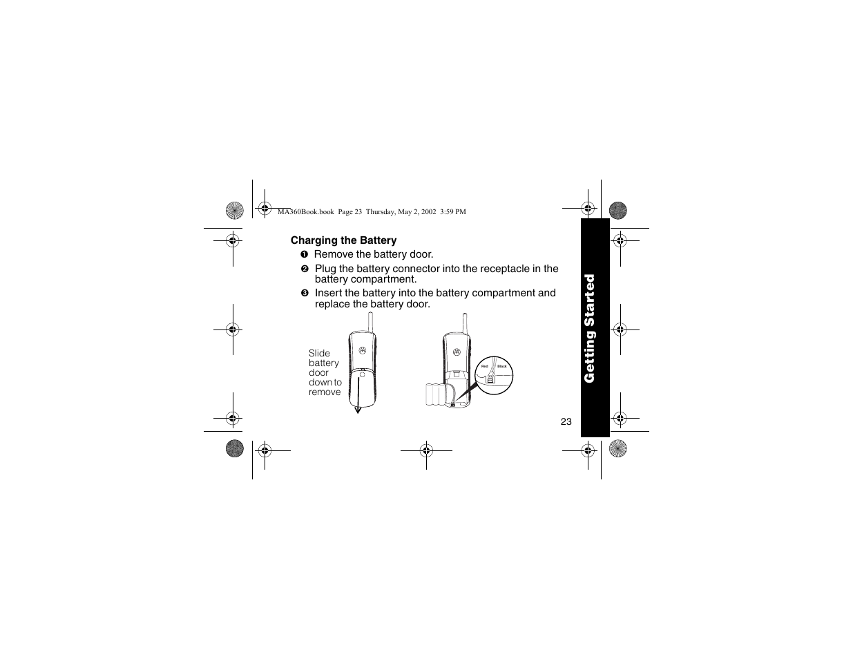 Charging the battery, Getting star ted | Motorola MA360 User Manual | Page 27 / 68