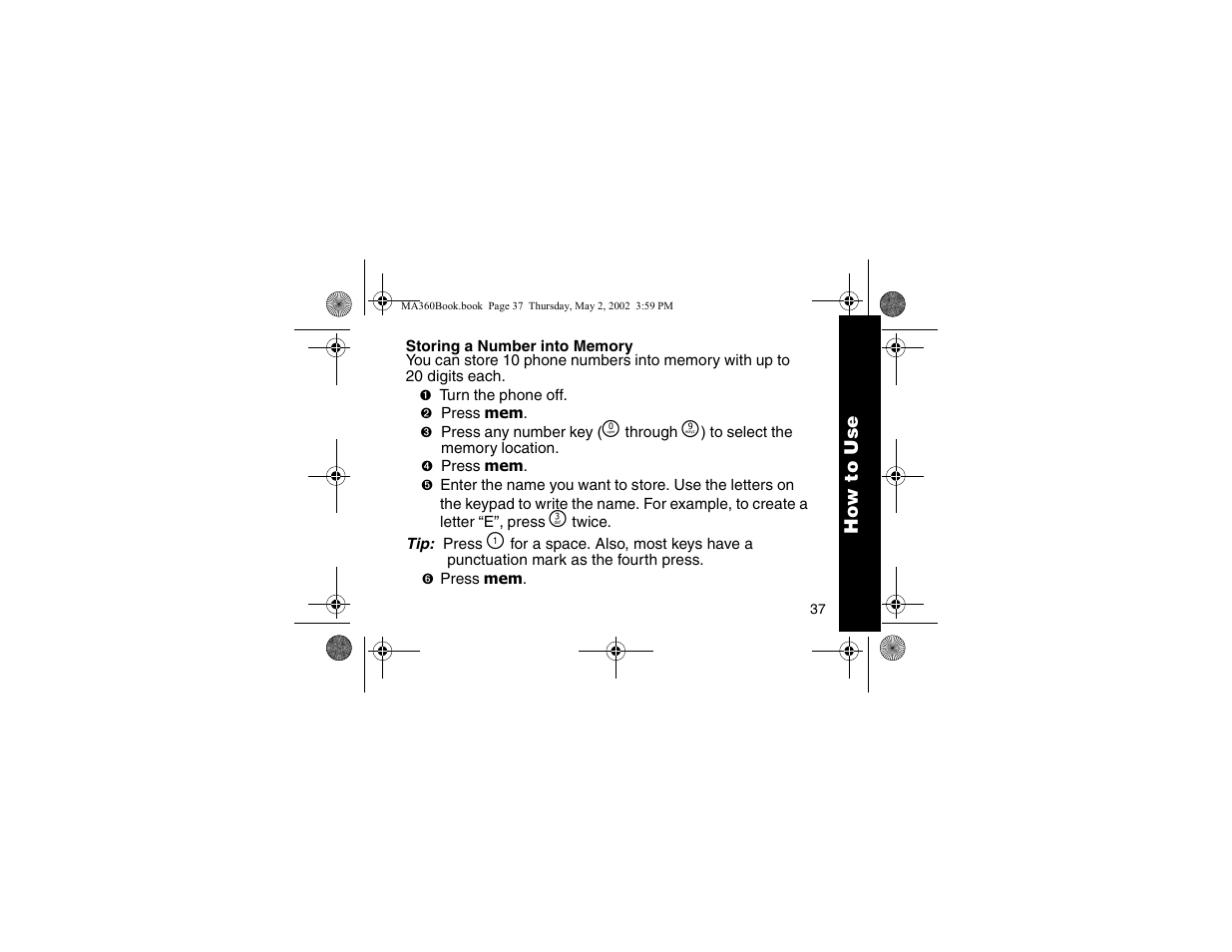 Storing a number into memory | Motorola MA360 User Manual | Page 41 / 68