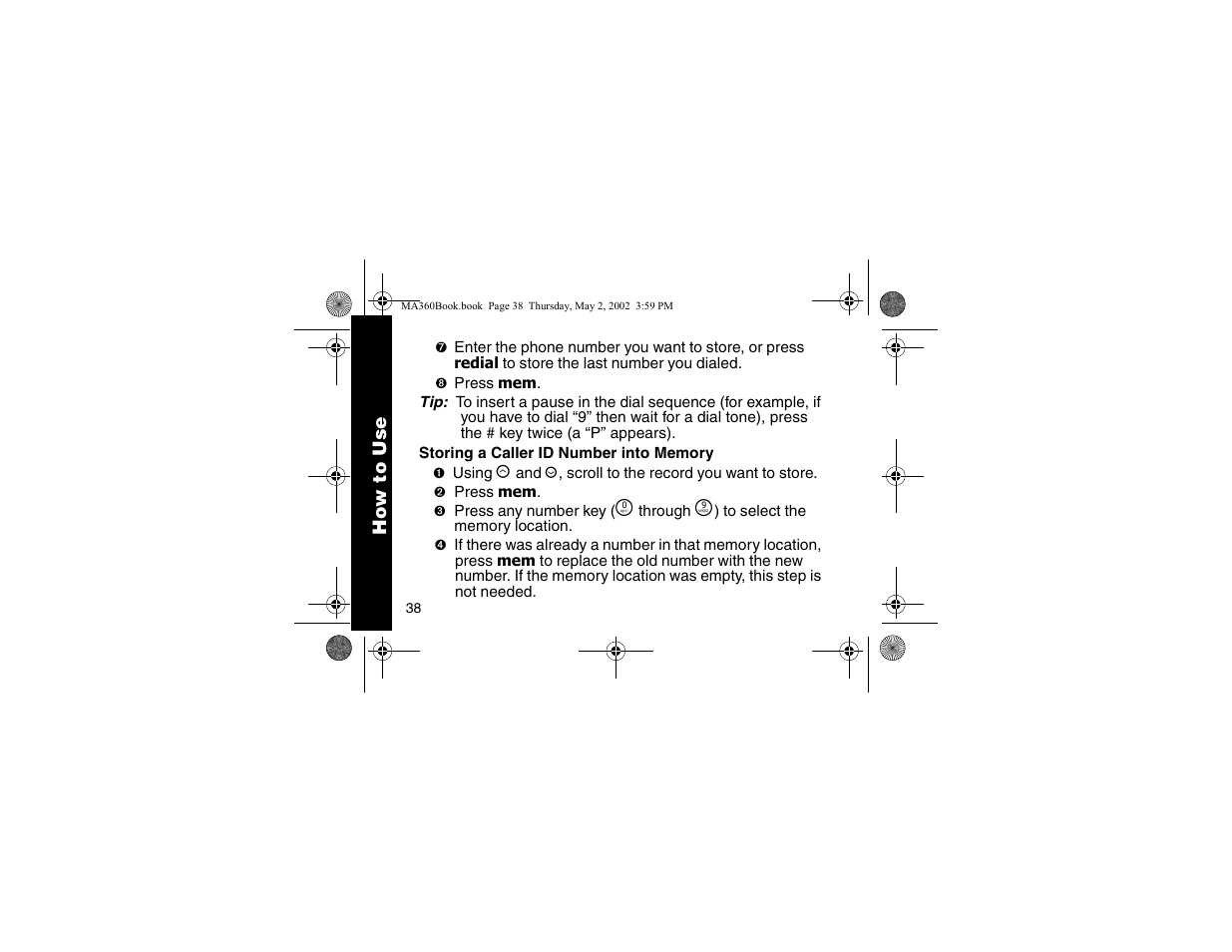Storing a caller id into memory | Motorola MA360 User Manual | Page 42 / 68