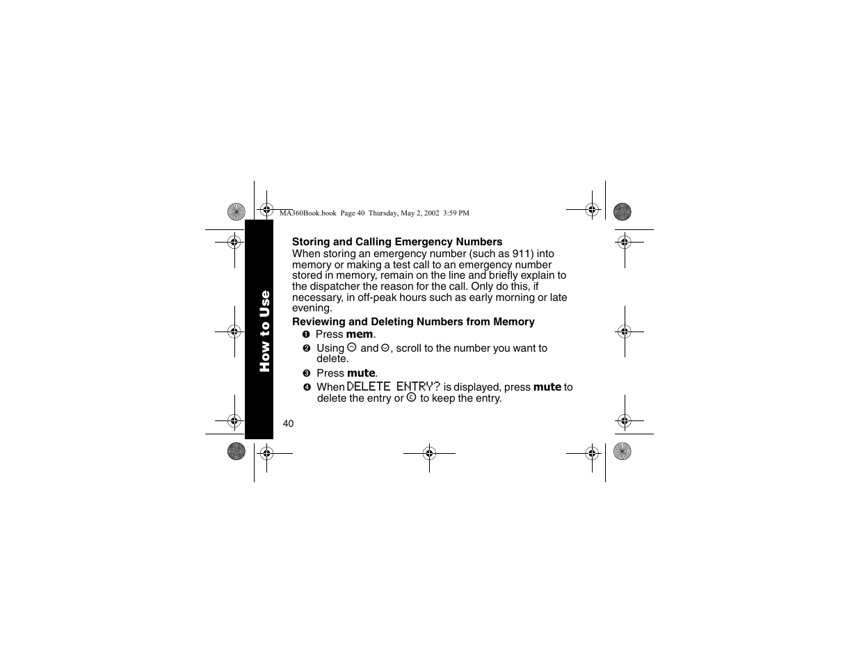 Storing and calling emergency numbers | Motorola MA360 User Manual | Page 44 / 68