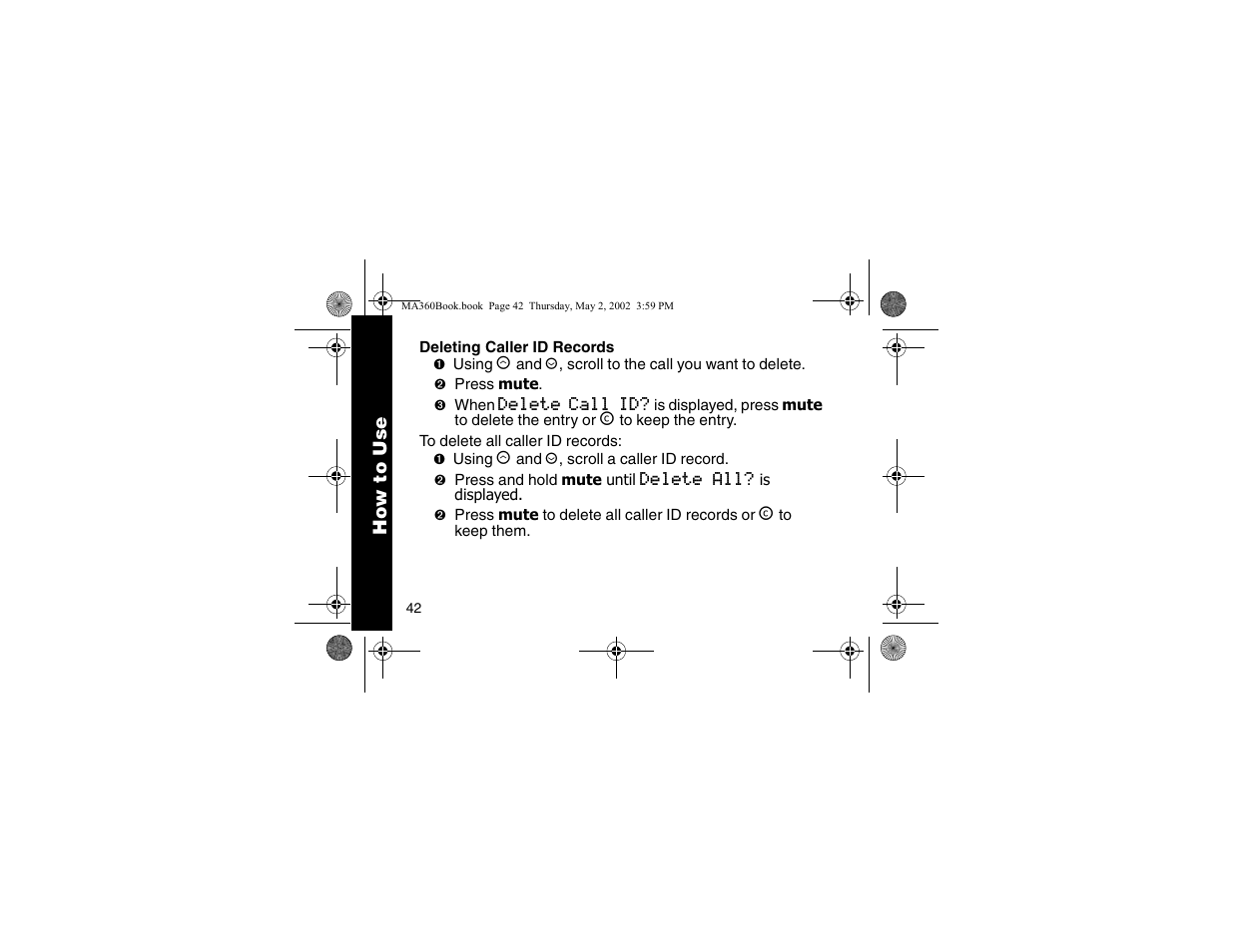 Deleting caller id records | Motorola MA360 User Manual | Page 46 / 68