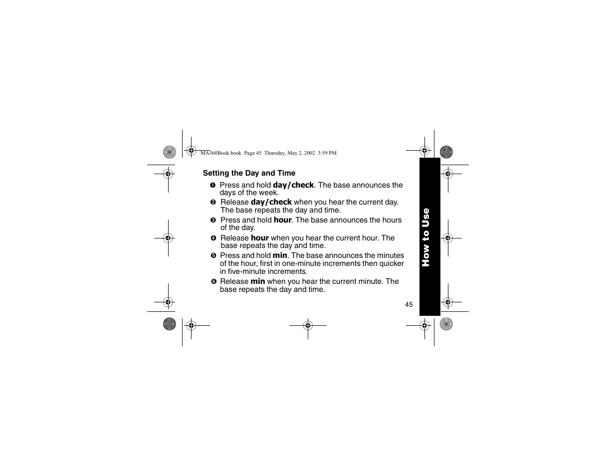 Setting the time and day | Motorola MA360 User Manual | Page 49 / 68