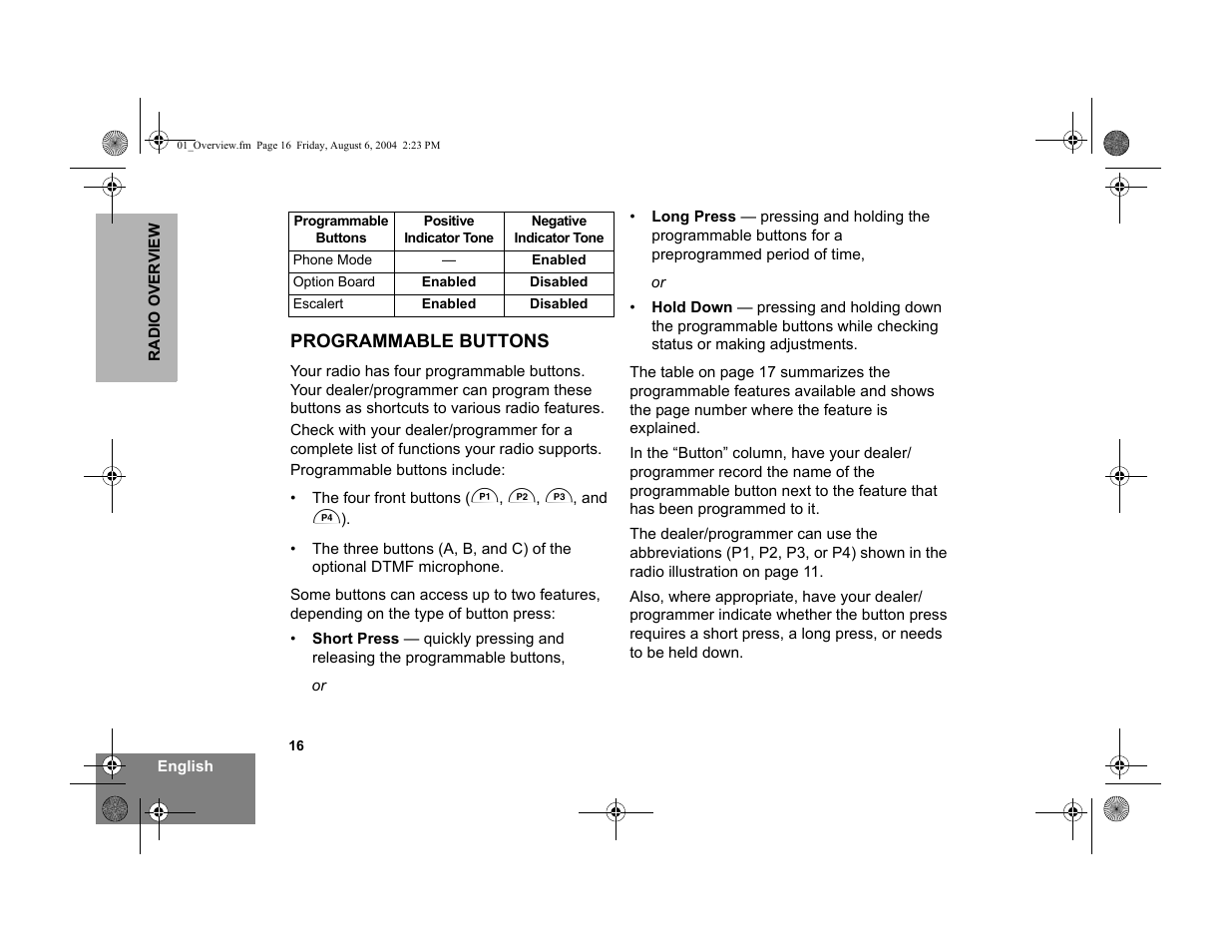 Programmable buttons | Motorola PM400 User Manual | Page 18 / 76