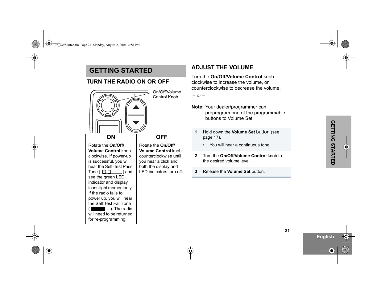 Getting started, Turn the radio on or off, Adjust the volume | Pers4 | Motorola PM400 User Manual | Page 23 / 76