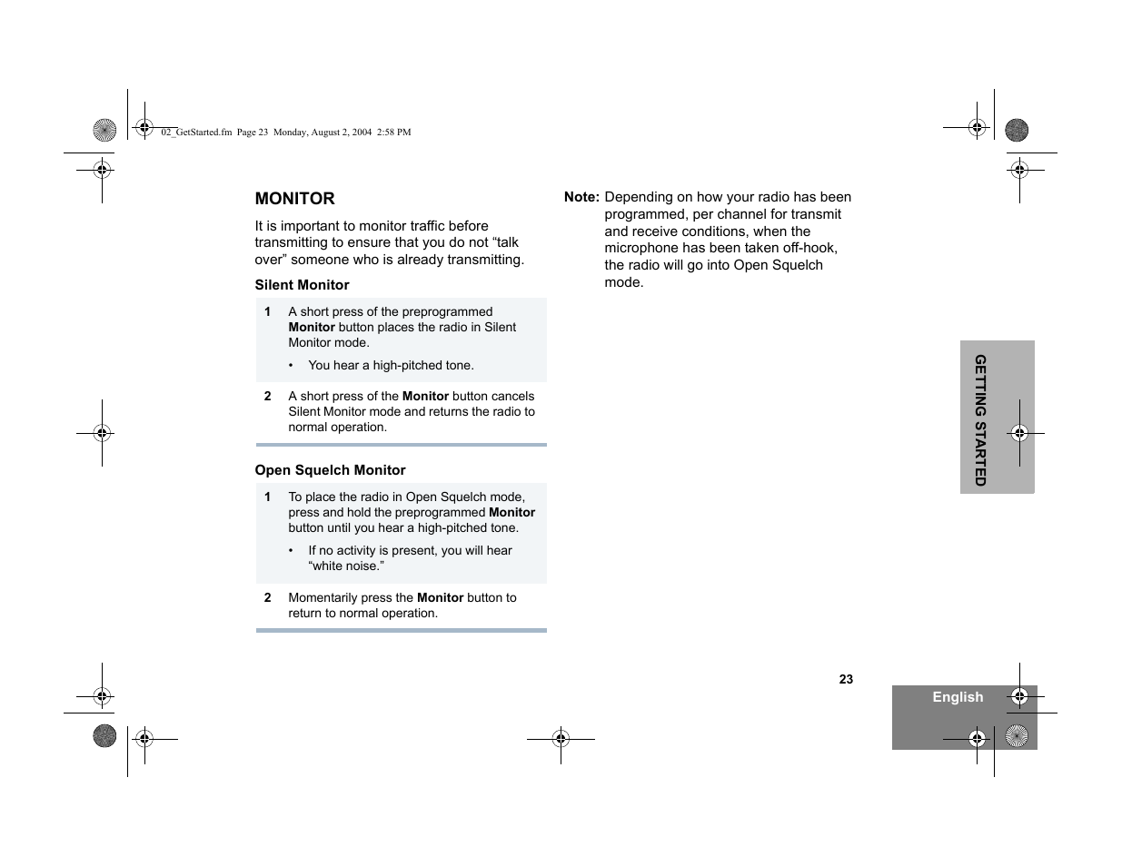 Monitor, Silent monitor, Open squelch monitor | Motorola PM400 User Manual | Page 25 / 76