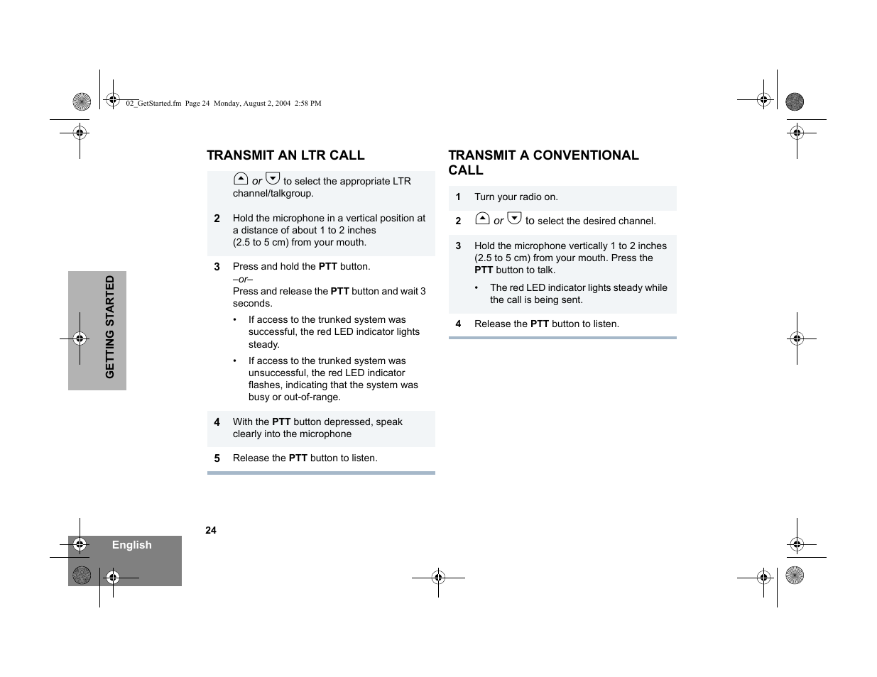Transmit an ltr call, Transmit a conventional call | Motorola PM400 User Manual | Page 26 / 76