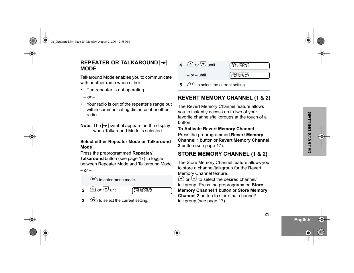 Repeater or talkaround j mode, Revert memory channel (1 & 2), Store memory channel (1 & 2) | Motorola PM400 User Manual | Page 27 / 76