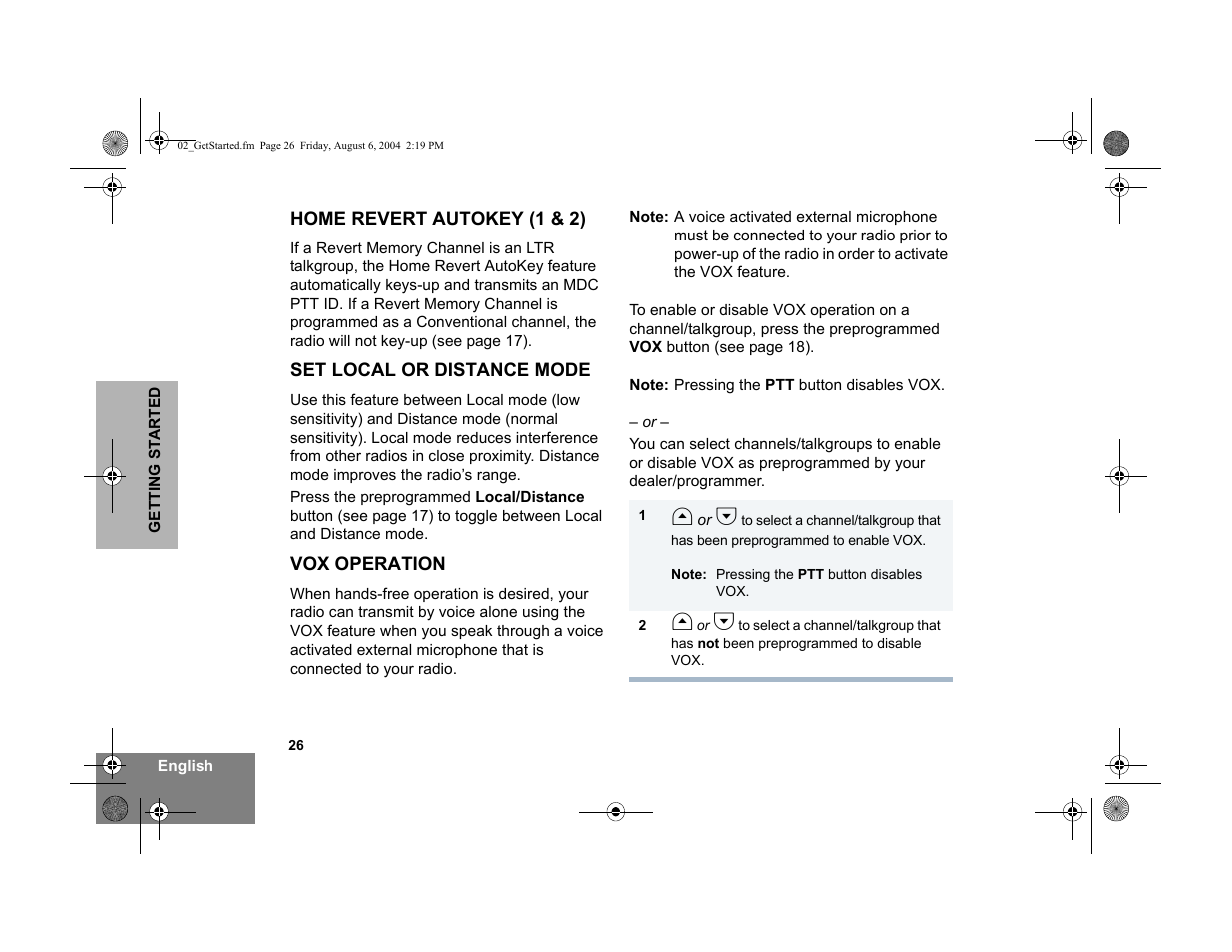 Home revert autokey (1 & 2) (ltr operation only), Set local or distance mode, Vox operation | Motorola PM400 User Manual | Page 28 / 76