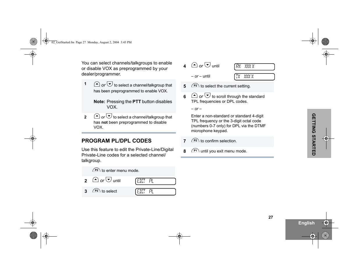 Program pl/dpl codes | Motorola PM400 User Manual | Page 29 / 76