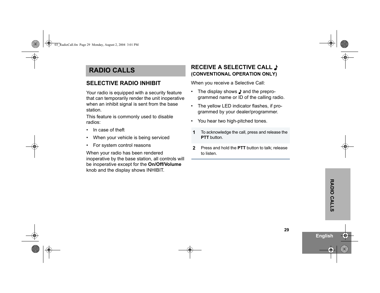 Radio calls, Selective radio inhibit | Motorola PM400 User Manual | Page 31 / 76