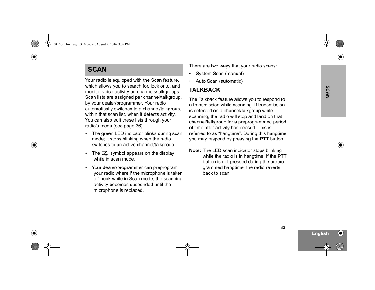 Scan, Talkback | Motorola PM400 User Manual | Page 35 / 76