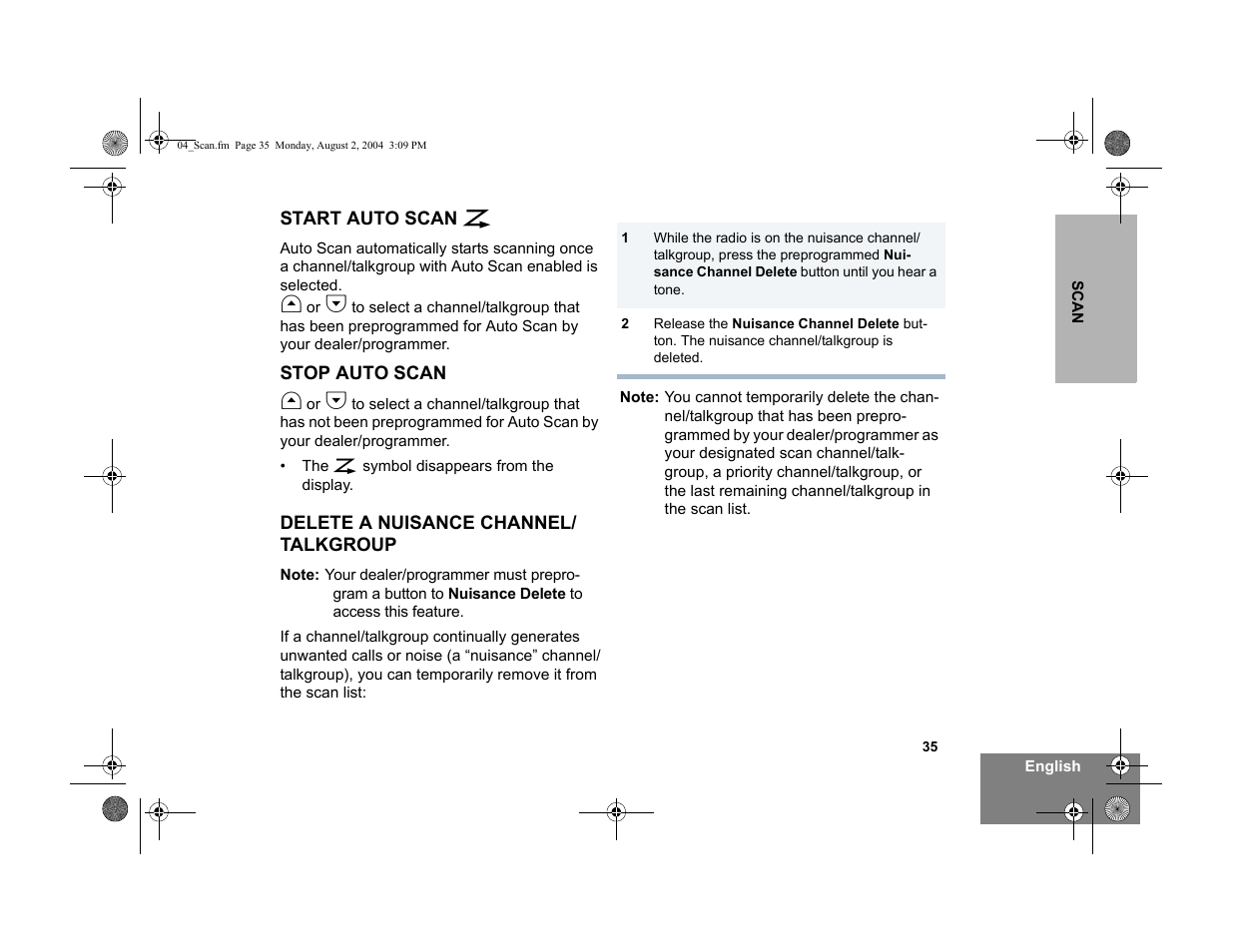 Start auto scan, Stop auto scan, Delete a nuisance channel/talkgroup | Motorola PM400 User Manual | Page 37 / 76