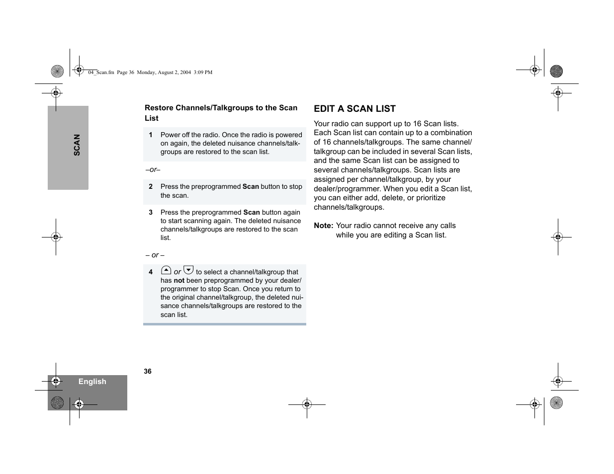 Restore channels/talkgroups to the scan list, Edit a scan list | Motorola PM400 User Manual | Page 38 / 76