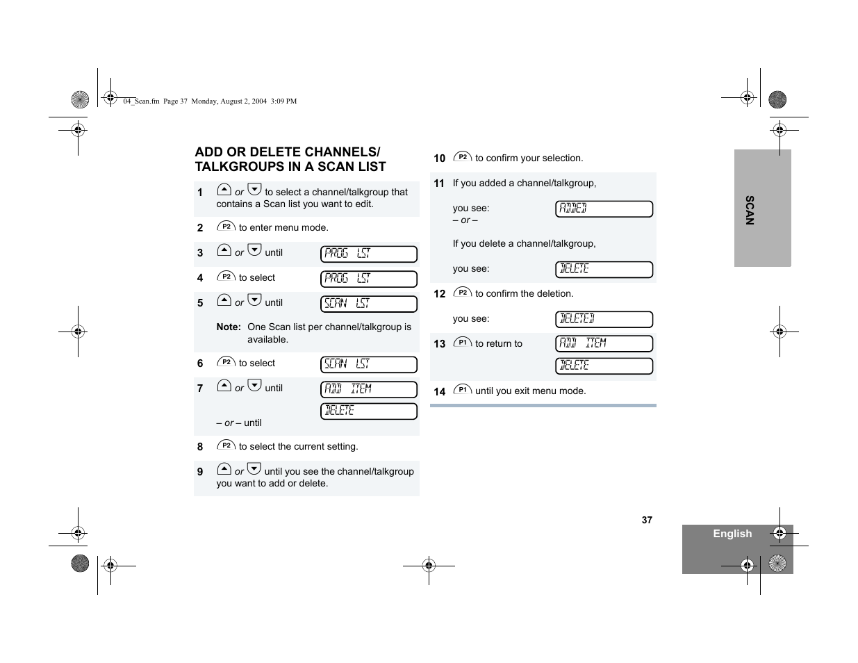 Add or delete channels/talkgroups in a scan list | Motorola PM400 User Manual | Page 39 / 76