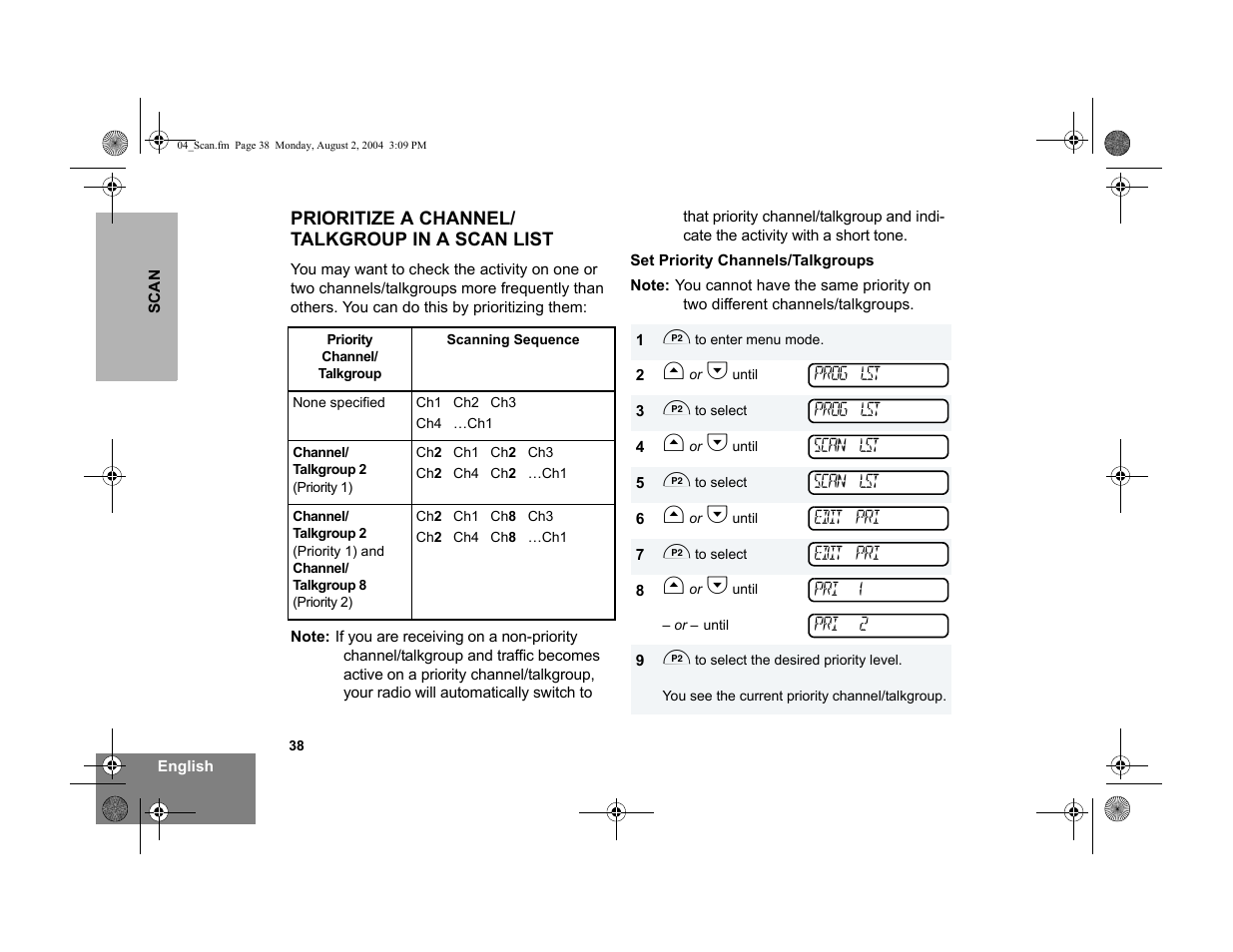 Prioritize a channel/talkgroup in a scan list | Motorola PM400 User Manual | Page 40 / 76